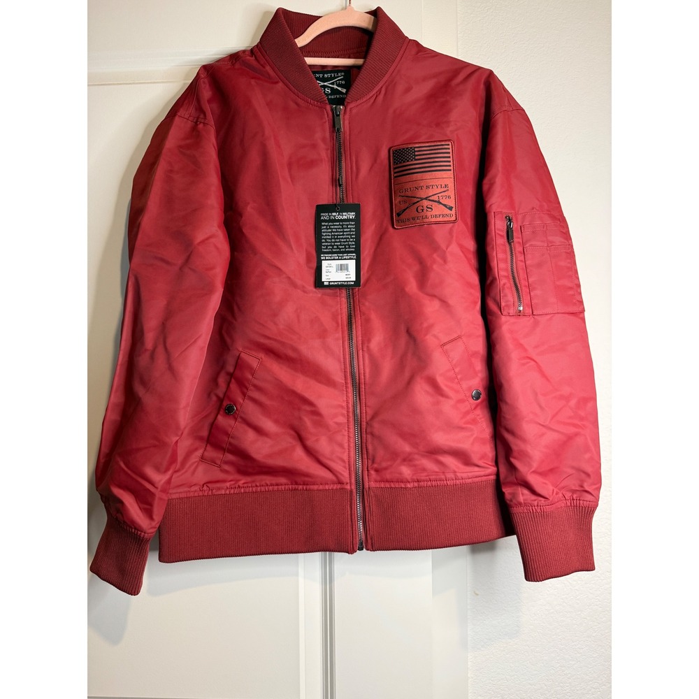 Grunt Style Red Plum Bomber Jacket Patriotic American Flag Patch Large NWT